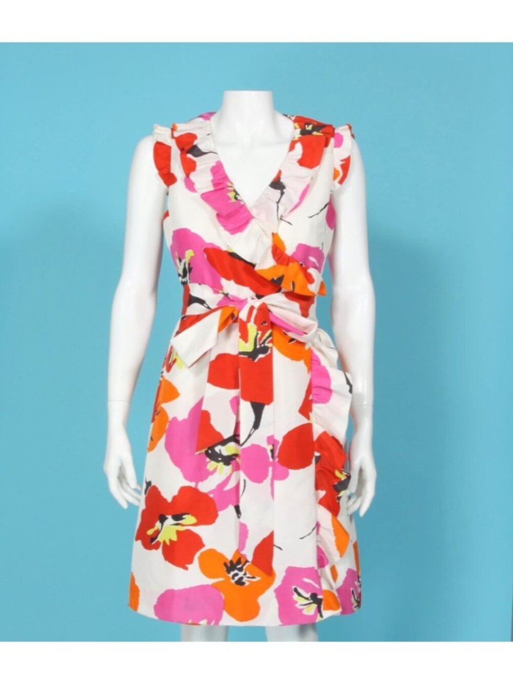 Kate Spade Aubrey Pink Red Orange on White Twee Floral silk wrap dress sz 4 /954